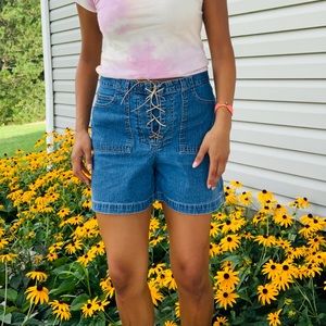 Vintage Lace-Up Denim Shorts
